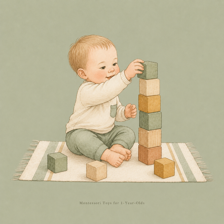 1-year-old toddler playing with wooden Montessori stacking rings and shape sorter.