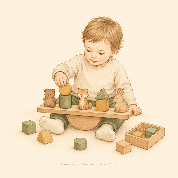 2-year-old toddler sorting and stacking wooden Montessori blocks in a warm playroom.