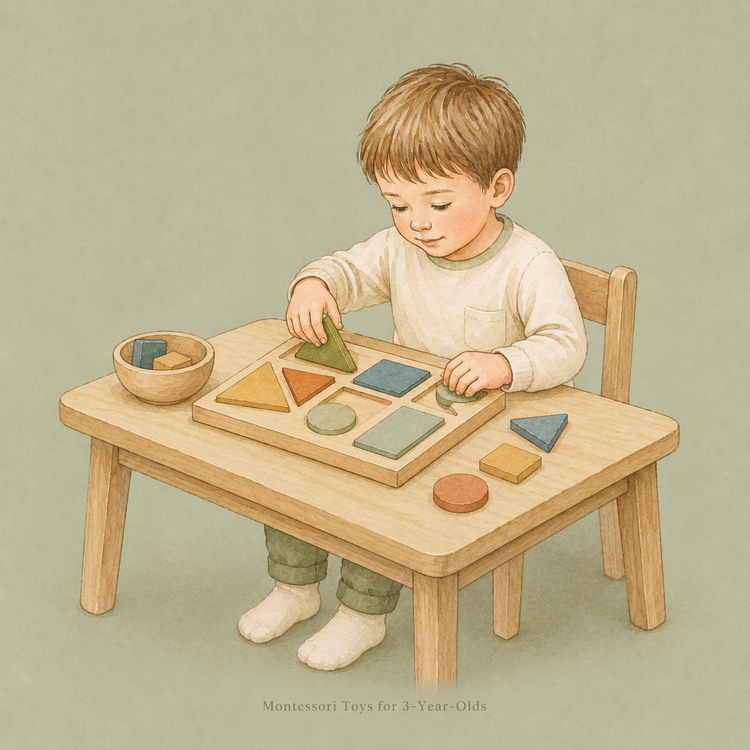 3-year-old child using wooden counting toys, colour puzzles and pretend play pieces.