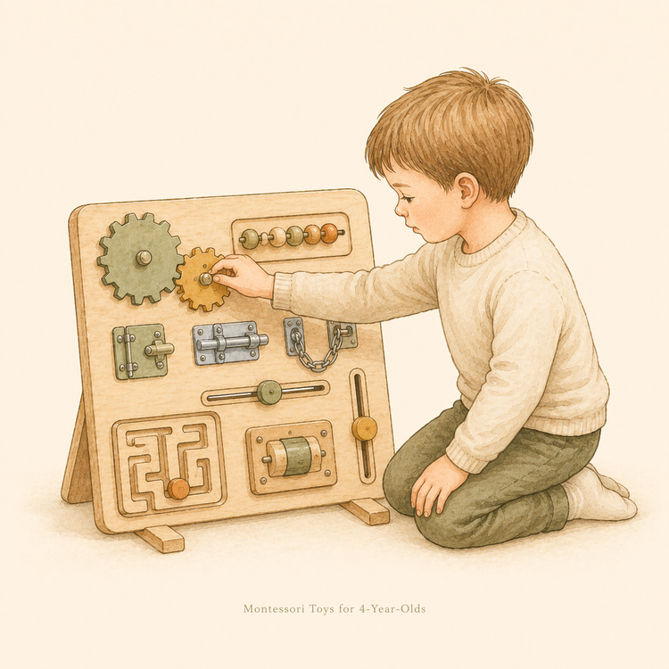 4-year-old child solving a wooden Montessori logic puzzle at a low table.