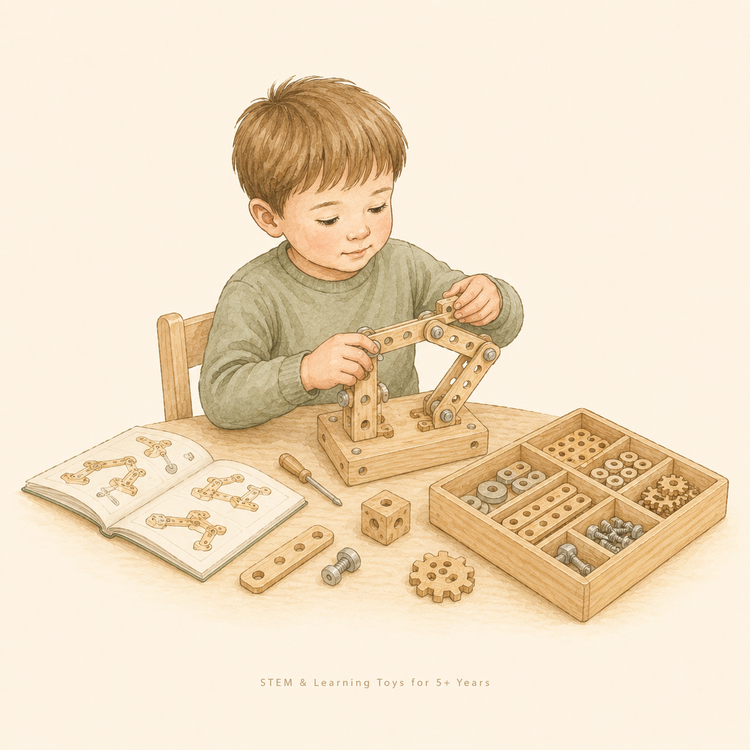 Child age 6 building a wooden STEM construction kit at a light wood table.