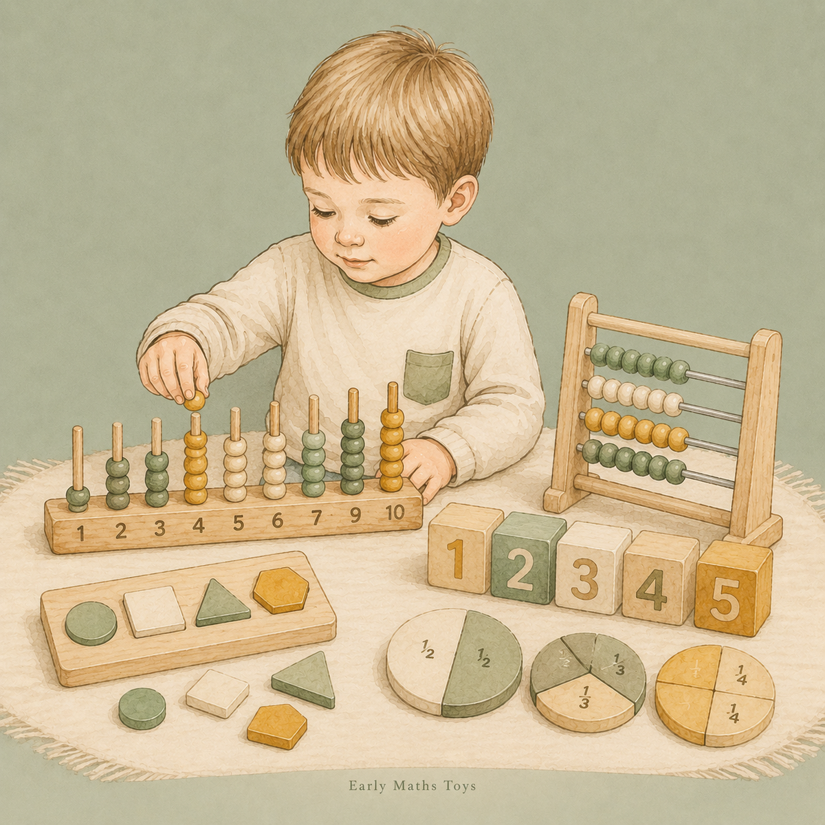 Child using wooden number blocks, counting beads and fraction circles for early maths play.
