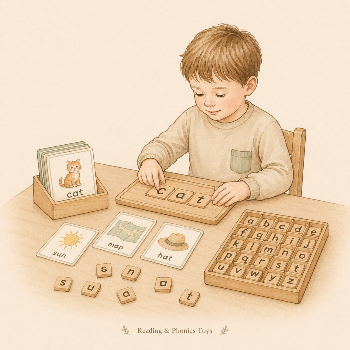 Child arranging wooden letter tiles and phonics cards for early reading practice.
