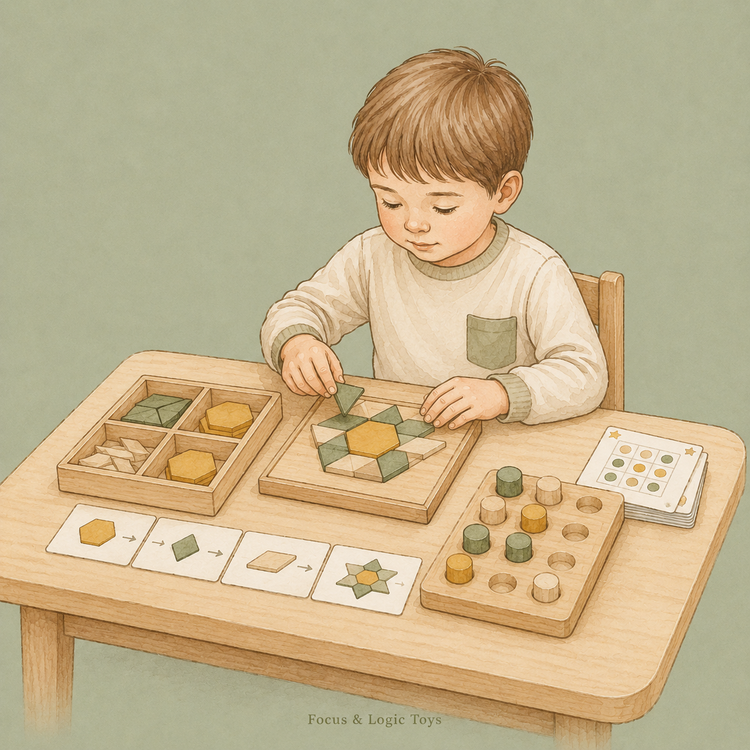 Child solving a wooden matching and sequencing puzzle in a calm Montessori playroom.
