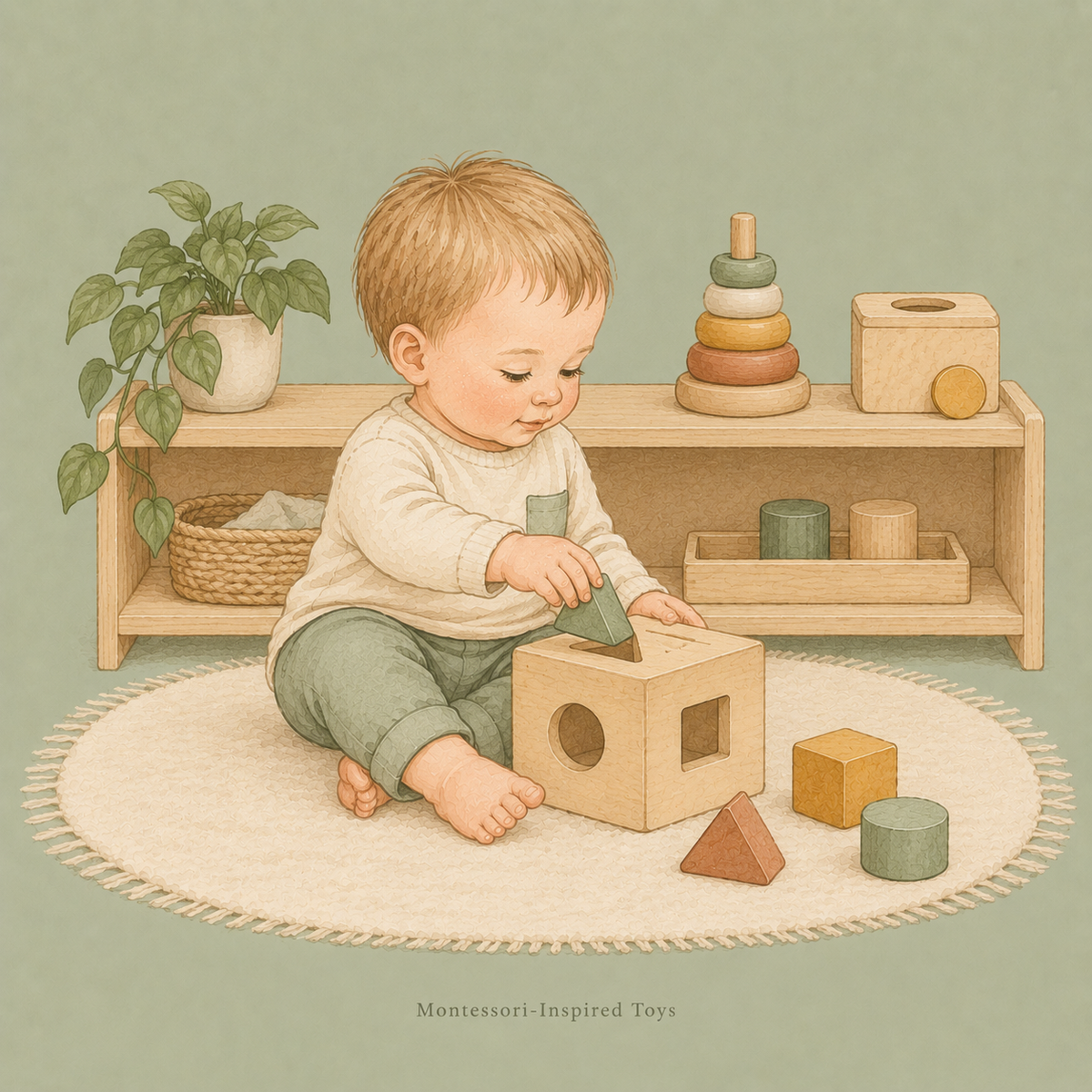 Toddler independently exploring Montessori-inspired wooden toys beside a low shelf.