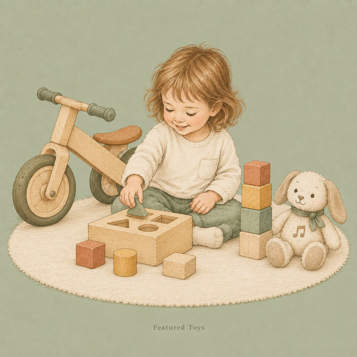Child exploring a curated selection of featured developmental toys, including a balance bike and wooden puzzles.