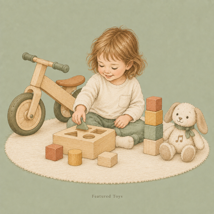 Child exploring a curated selection of featured developmental toys, including a balance bike and wooden puzzles.