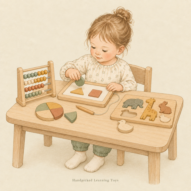Preschool child exploring handpicked learning toys including puzzles, counting beads and shape activities.