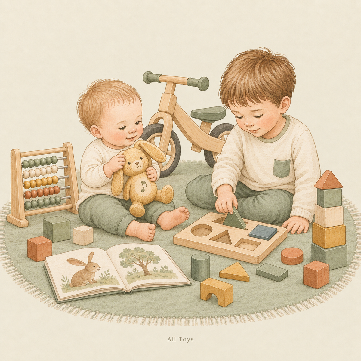 Two children exploring a curated mix of developmental toys in a calm Toyella illustration.
