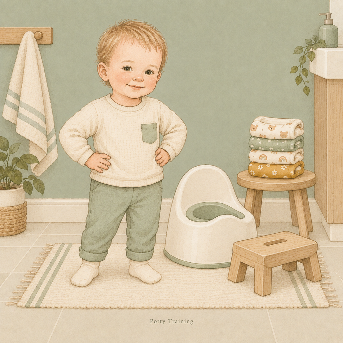 Fully clothed toddler beside a child potty, step stool and reusable potty training pants.