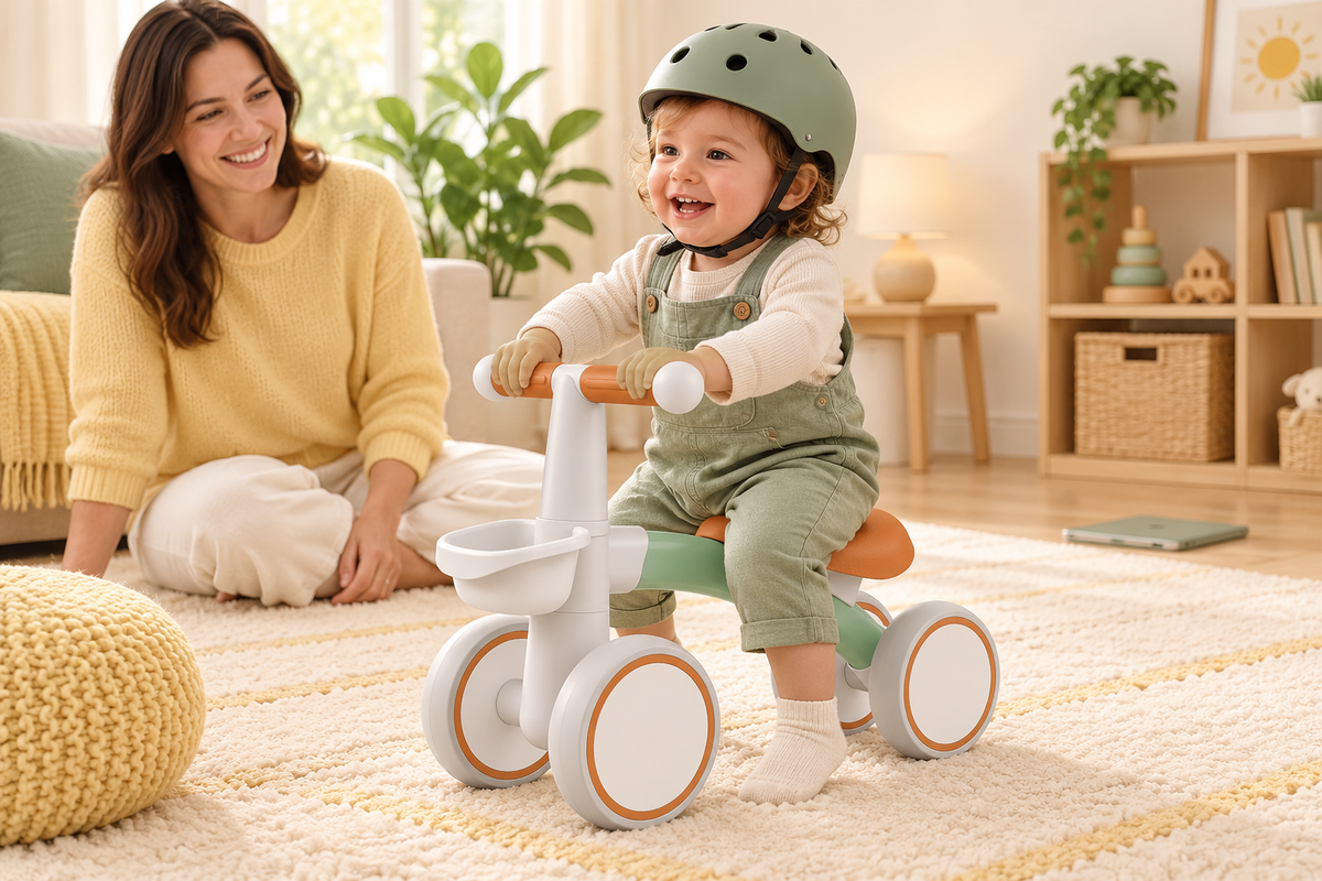 Toddler enjoying a supervised screen-free ride on the mint green FirstRide balance bike