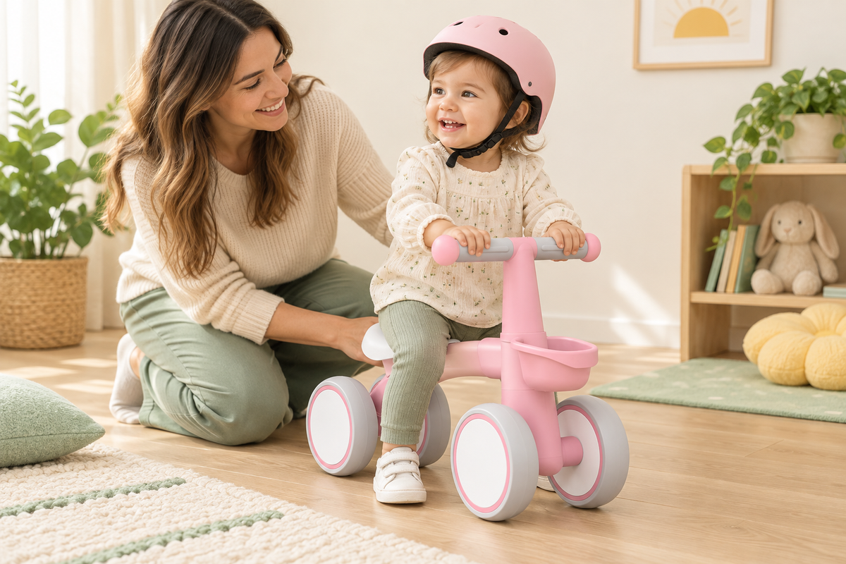 Parent supporting a helmeted toddler on the pink FirstRide balance bike