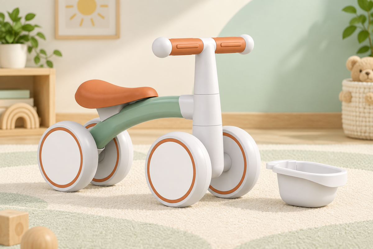 Mint green FirstRide balance bike with the included removable basket beside it
