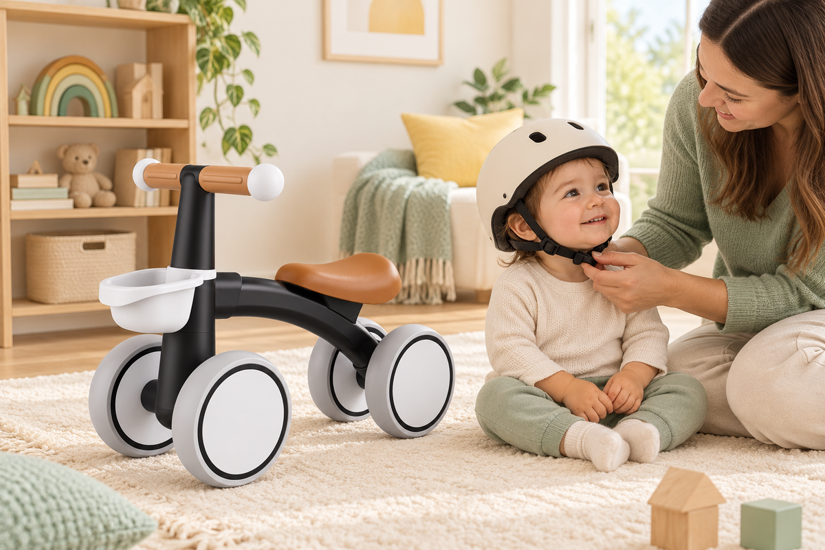 Parent fastening a toddler helmet beside the black FirstRide balance bike
