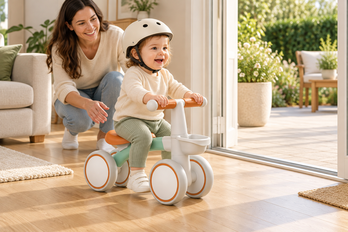 Helmeted toddler riding the mint green FirstRide balance bike from indoors toward a smooth patio