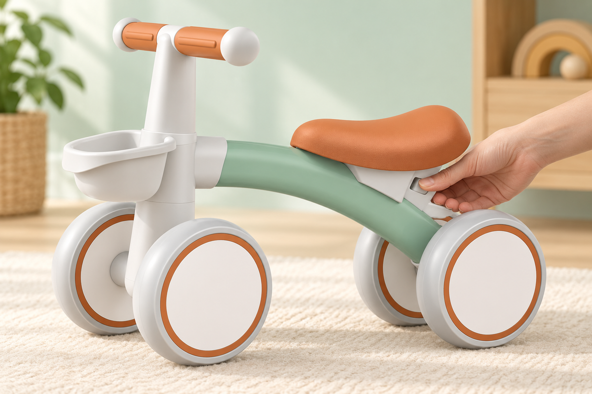Close view of the adjustable PU seat button on the mint green FirstRide balance bike