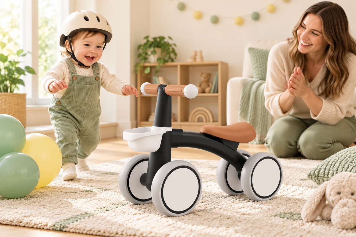Black FirstRide balance bike in a calm first birthday home setting