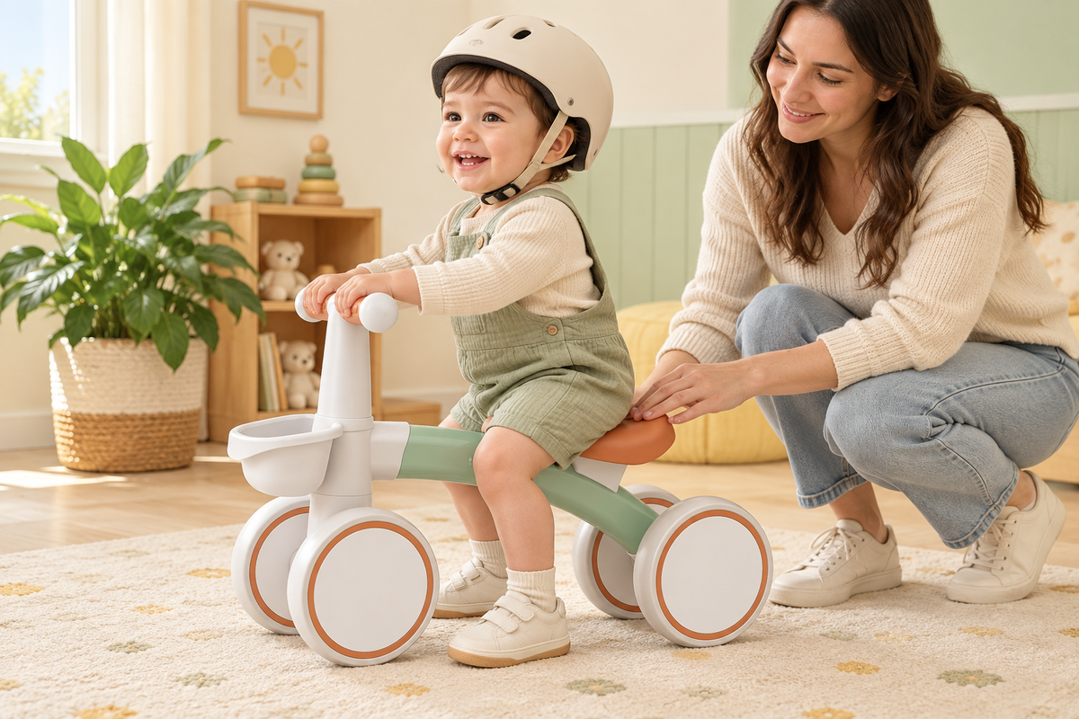 Toddler checking fit on Toyella FirstRide