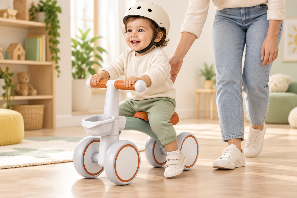 Toddler riding Toyella FirstRide with adult supervision