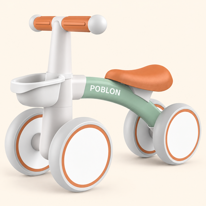 Toyella FirstRide green four-wheel toddler balance bike with front basket on a clean cream background
