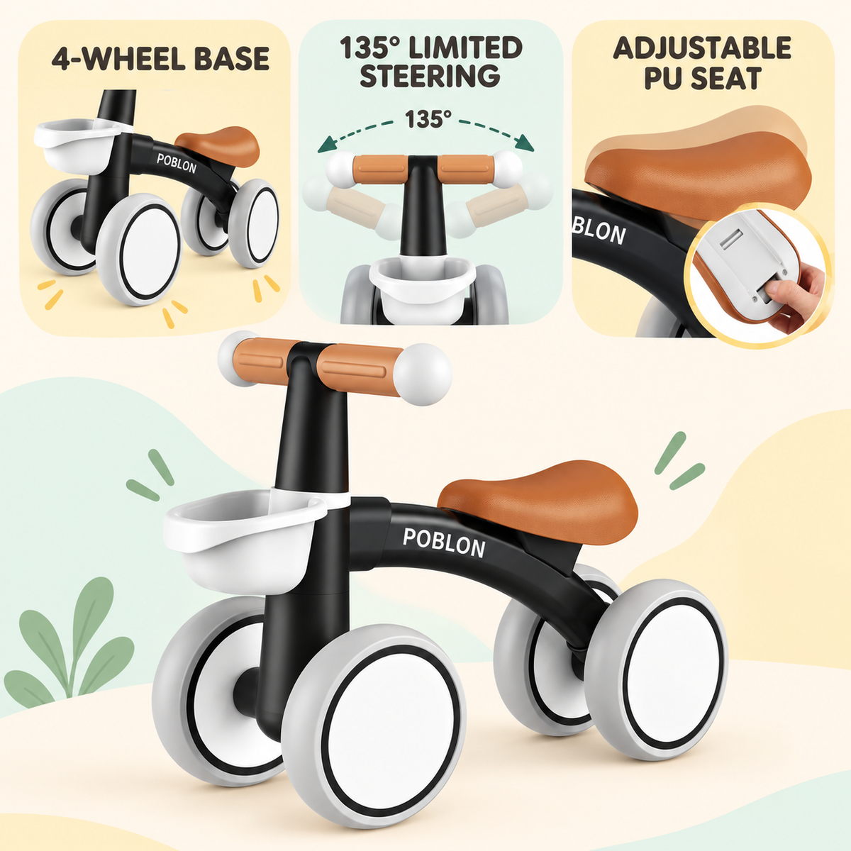 Toyella FirstRide benefits overview: four-wheel base, 135-degree limited steering and adjustable PU seat