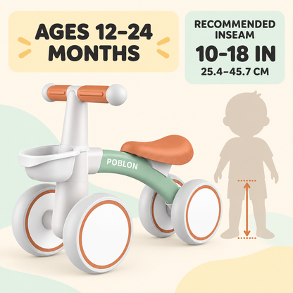 Toyella FirstRide age and fit guide for 12 to 24 months and 10 to 18 inch inseam