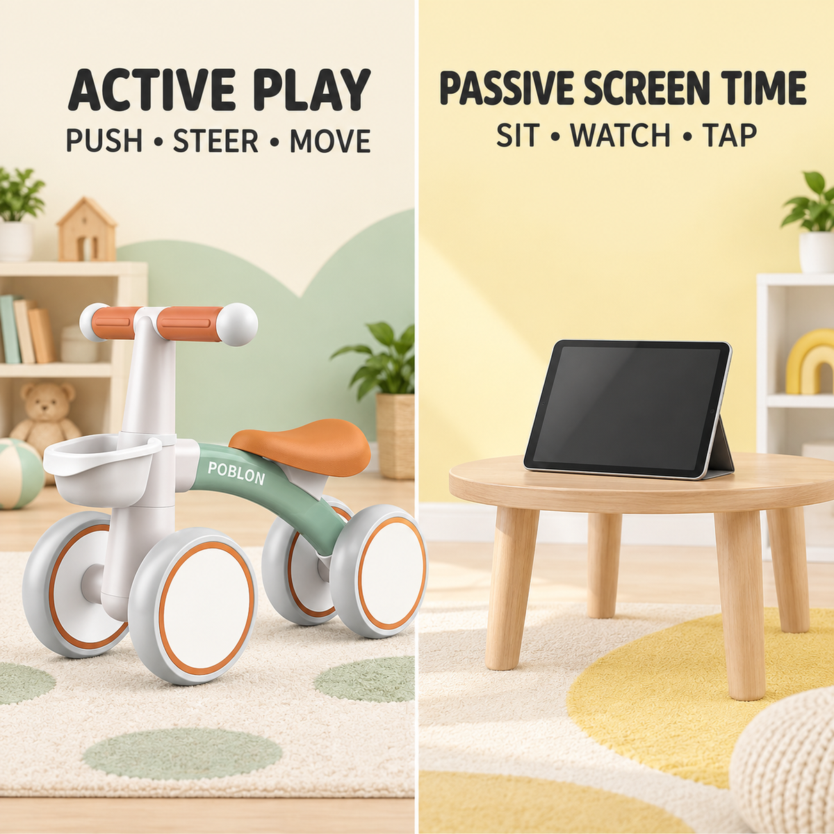 Toyella FirstRide active play compared with passive screen time