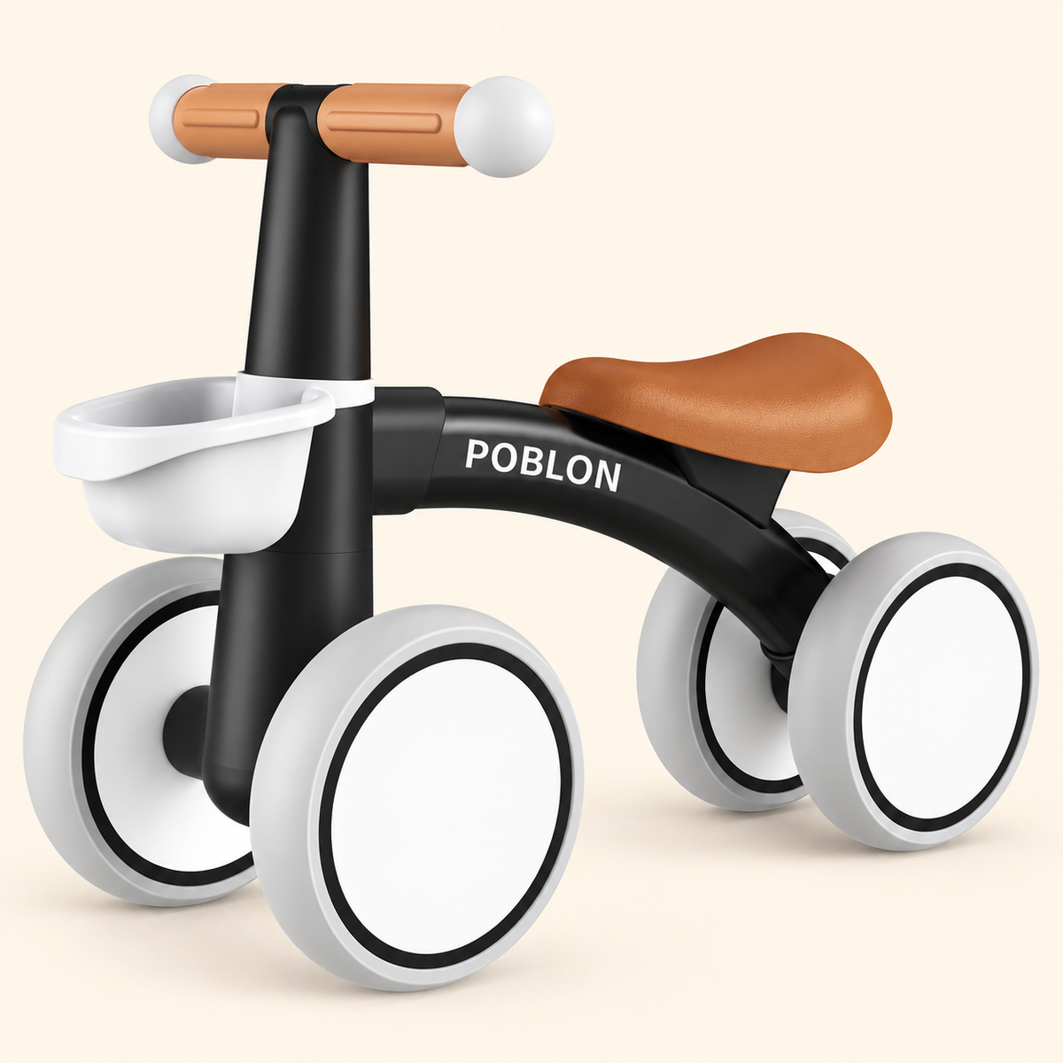 Toyella FirstRide black four-wheel toddler balance bike variant on a Toyella cream background