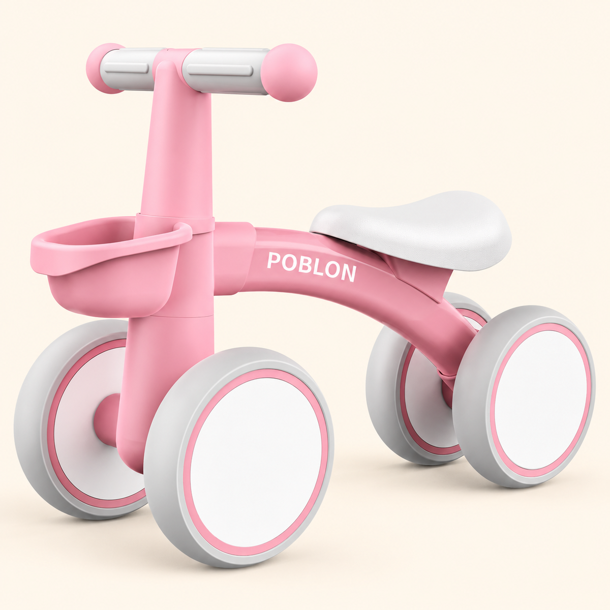 Toyella FirstRide pink four-wheel toddler balance bike variant on a Toyella cream background