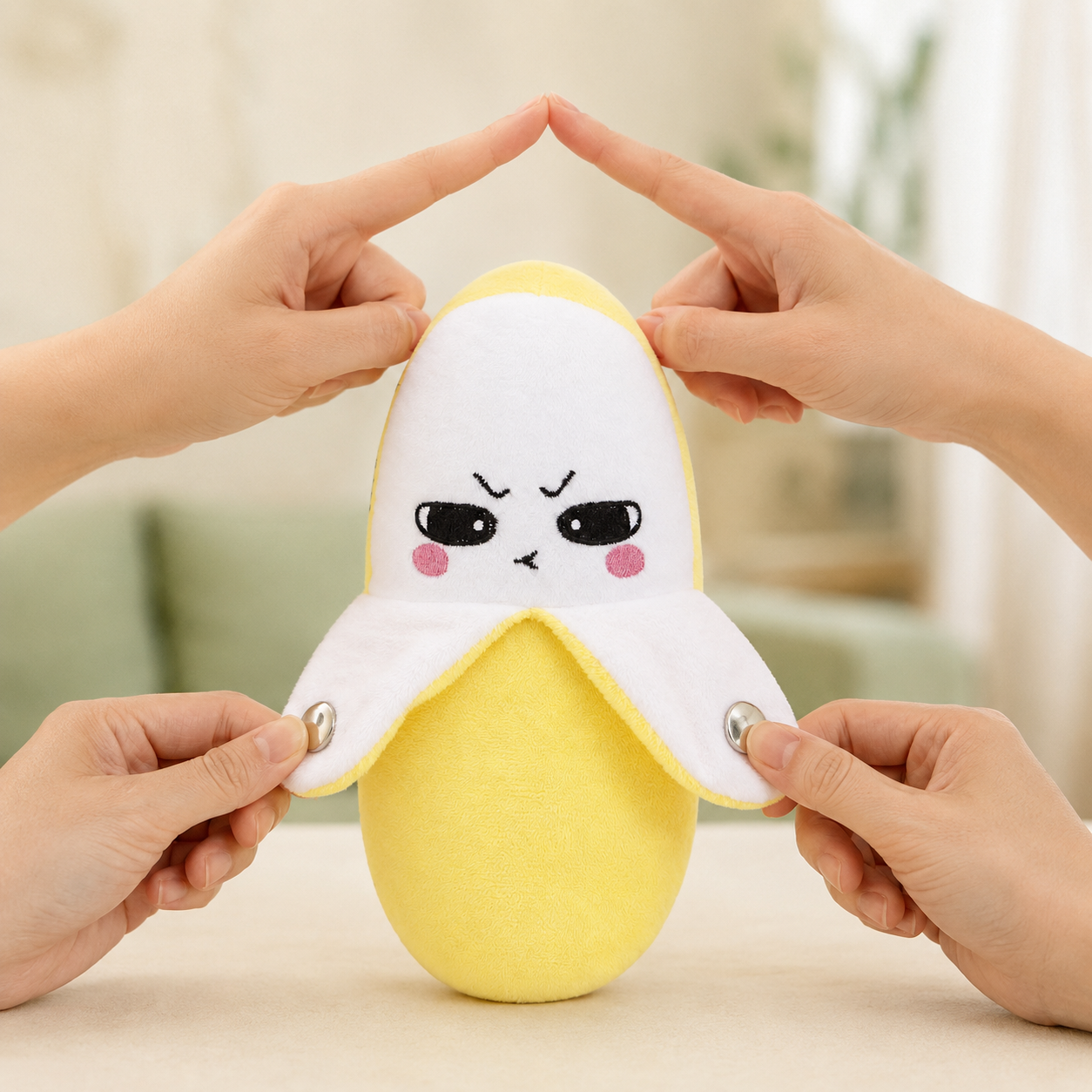 Two people using the banana plush touch sensors for shared music play