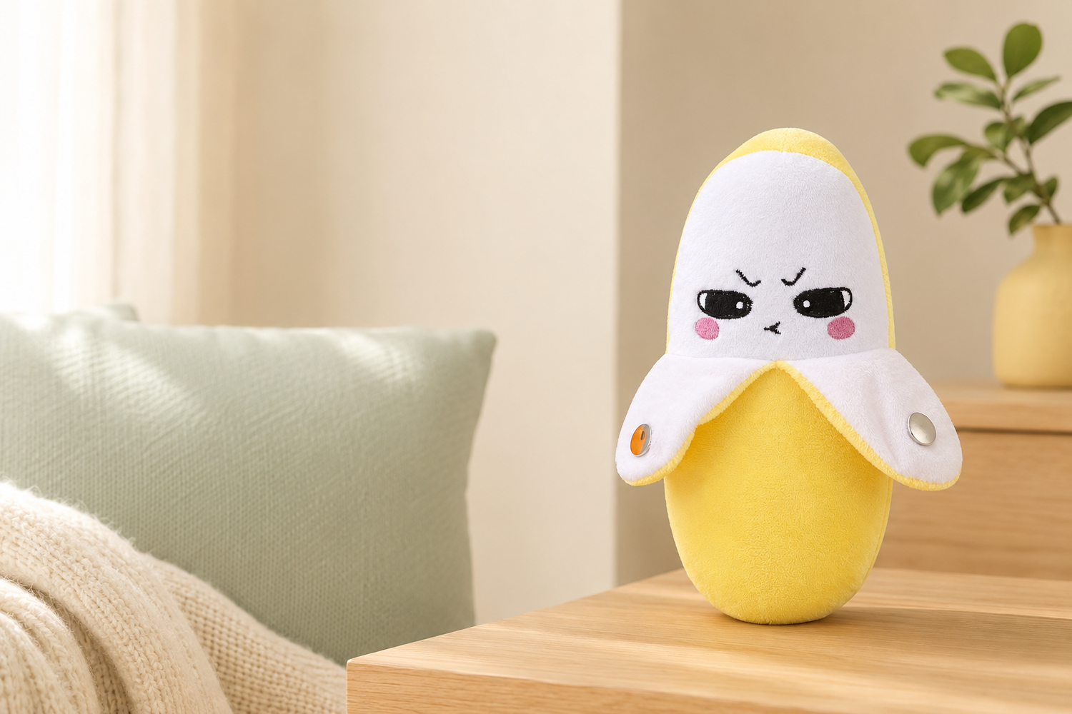 Toyella Fruit Beat banana musical plush in a calm natural-light play space