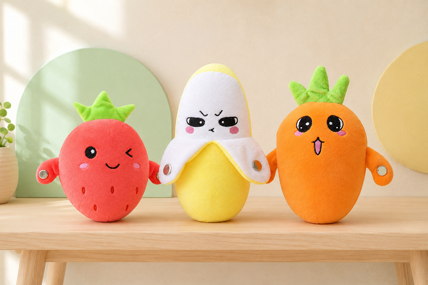 Toyella Fruit Beat Banana, Strawberry and Carrot musical plush styles