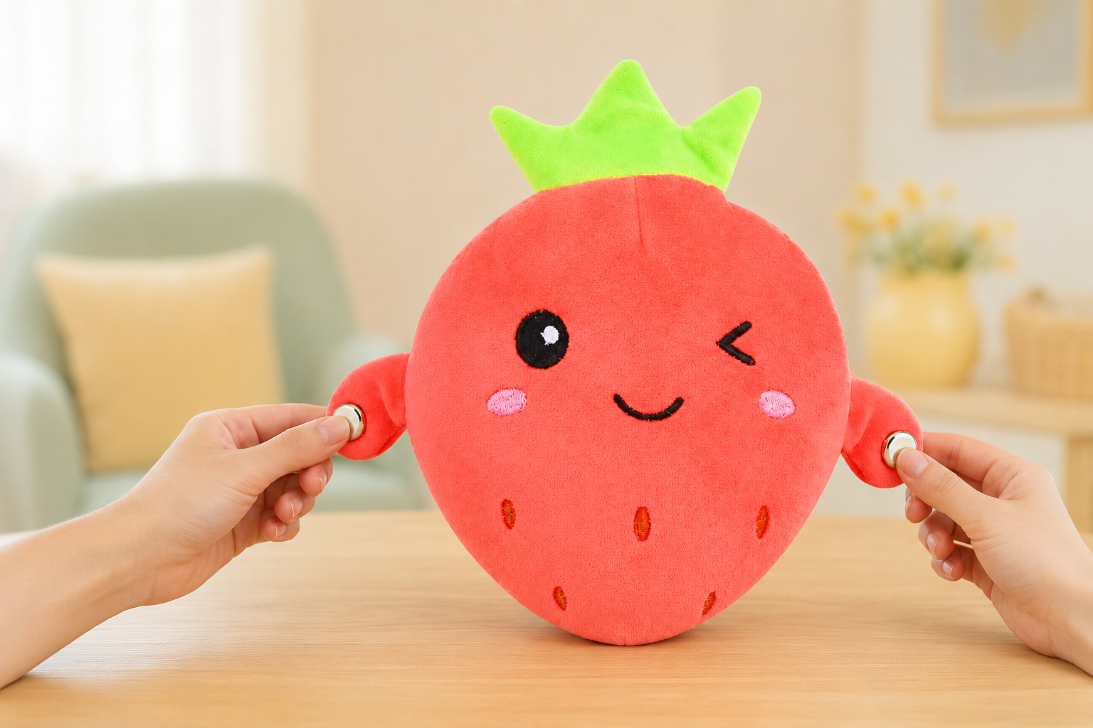 Hands using both touch sensors on the Strawberry Fruit Beat plush