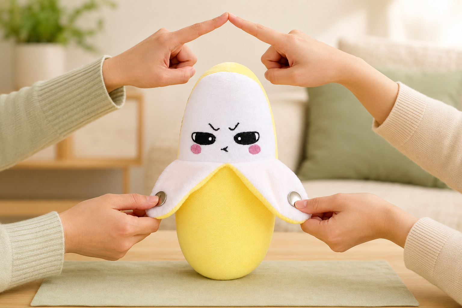 Two people making fingertip contact while holding the Banana Fruit Beat plush sensors