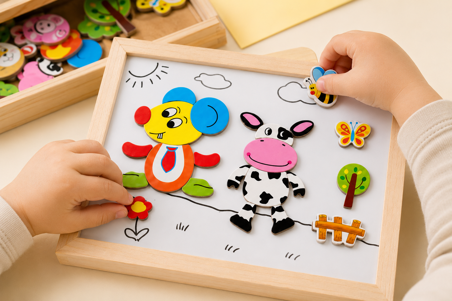 Hands arranging animal magnets on the Toyella board