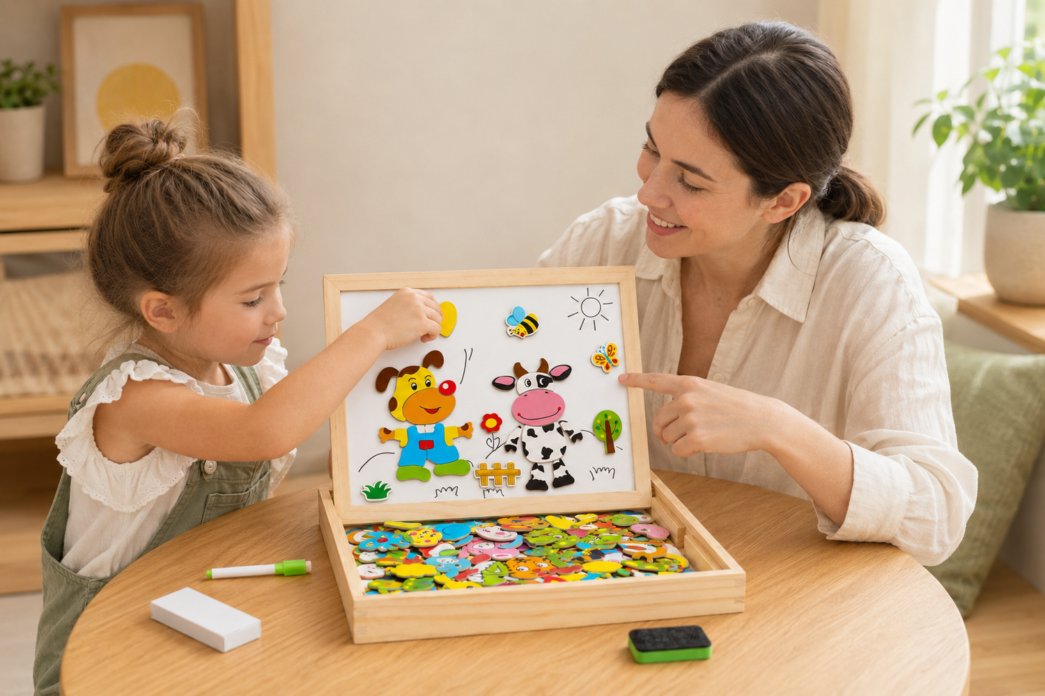 Parent and child creating together with the Toyella magnetic board