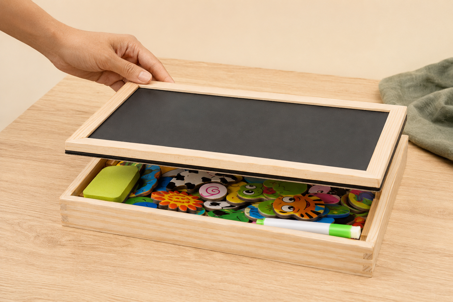 Magnetic pieces stored inside the Toyella wooden board