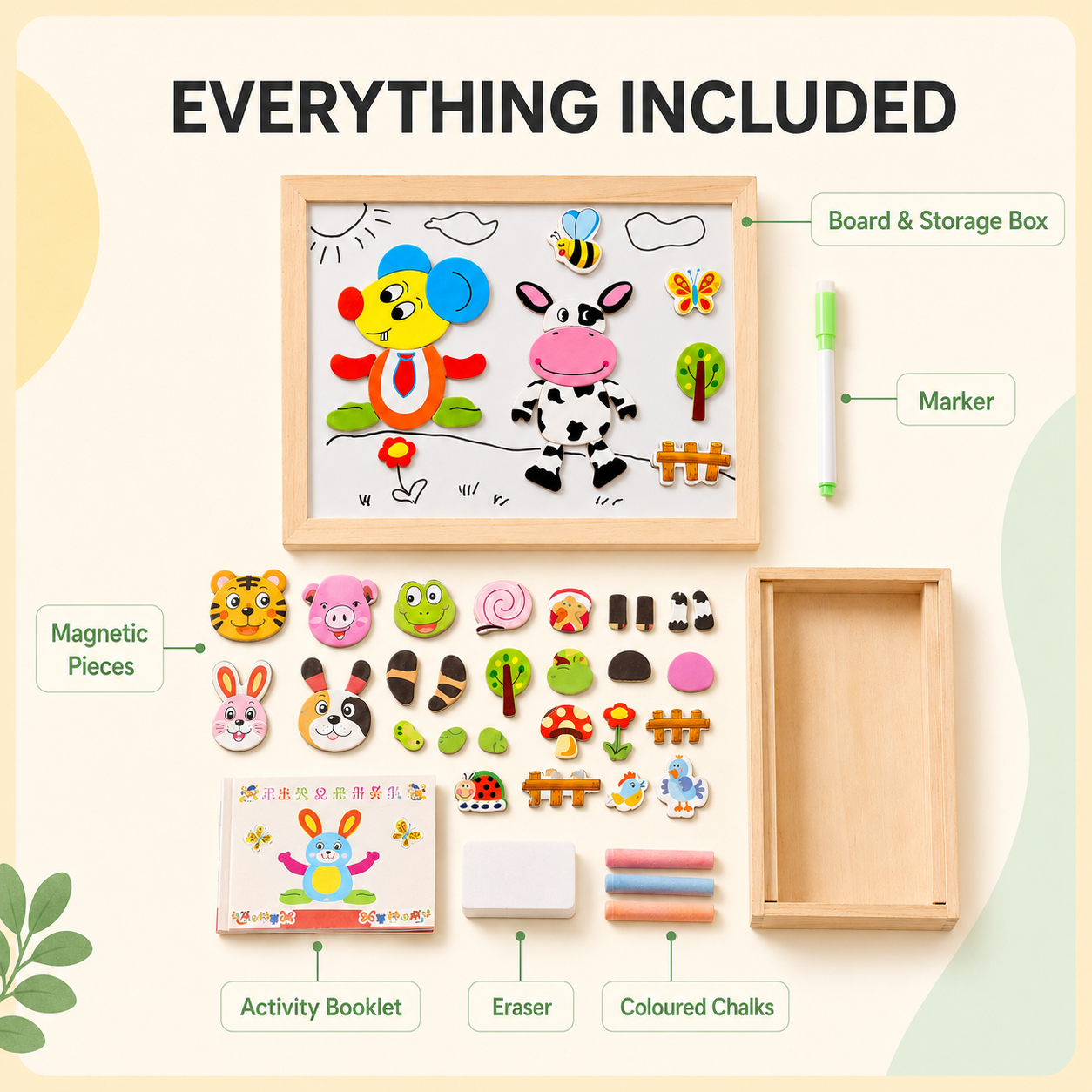 Everything included with the Toyella Magnetic Creative Board