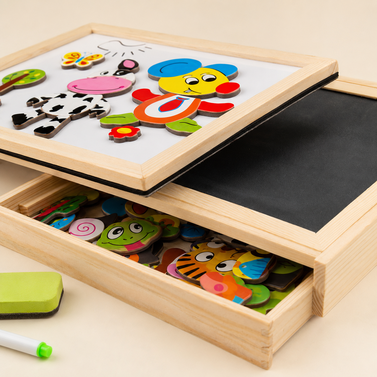 Close-up of the double-sided magnetic and chalk drawing board
