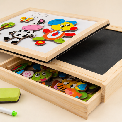 Close-up of the double-sided magnetic and chalk drawing board