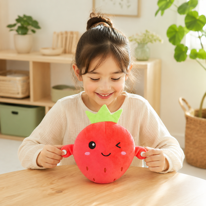 Child exploring the touch sensors on the strawberry Musical Touch Plush Pal