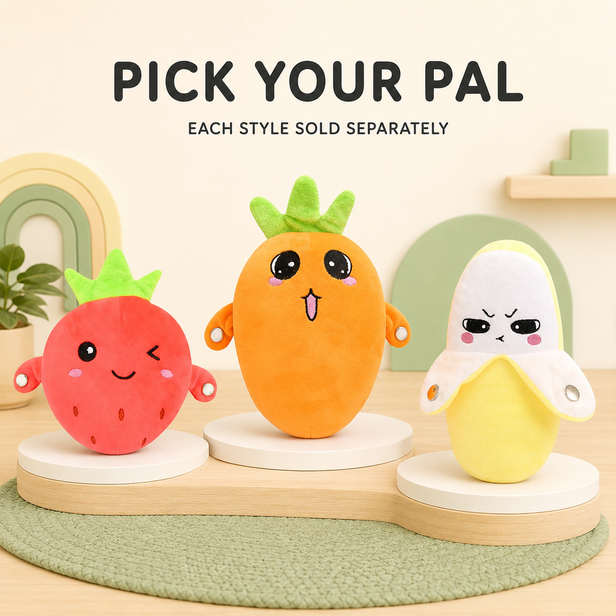 Strawberry, carrot and banana Musical Touch Plush Pal styles sold separately