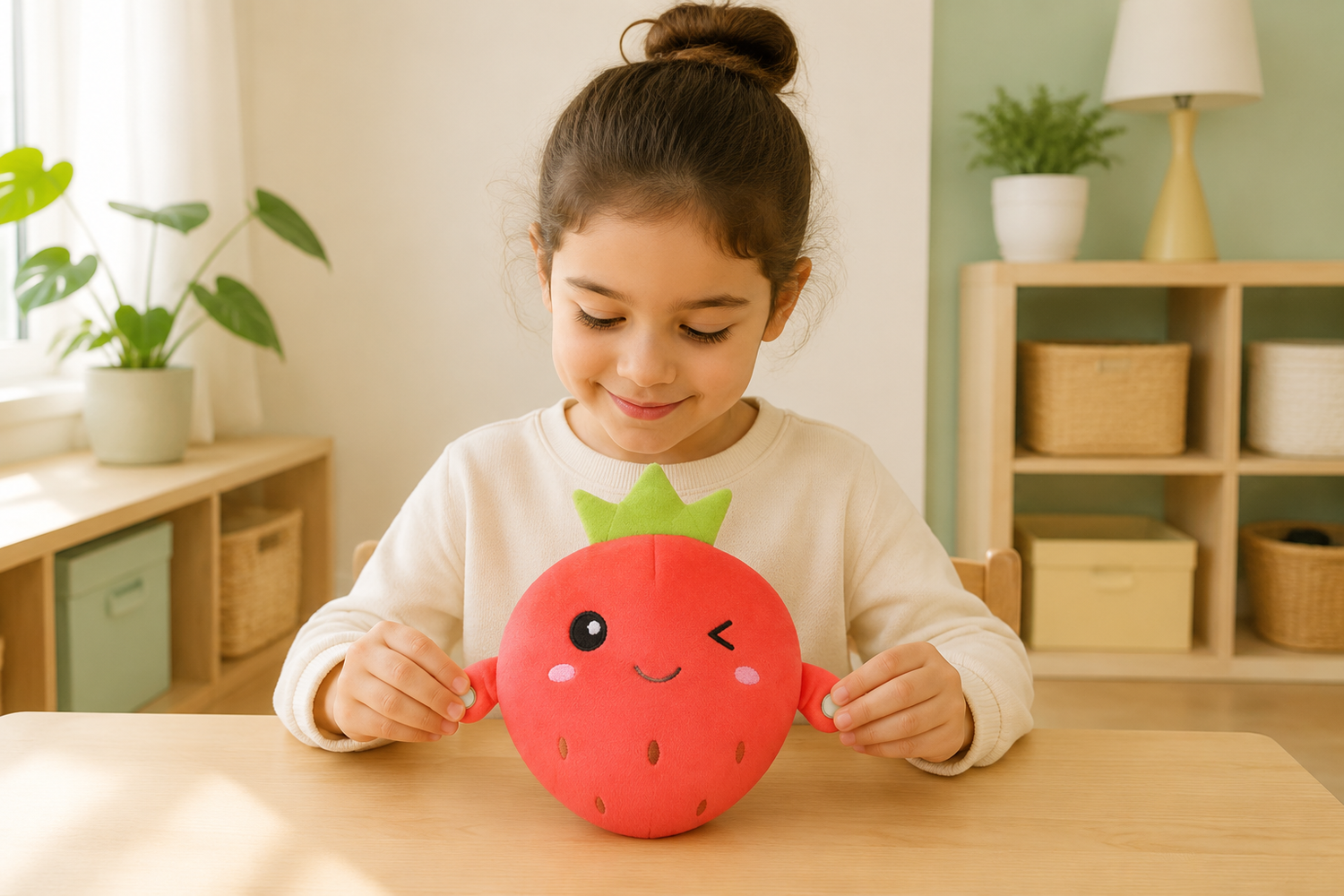 Child enjoying screen-free play with the strawberry Musical Touch Plush Pal