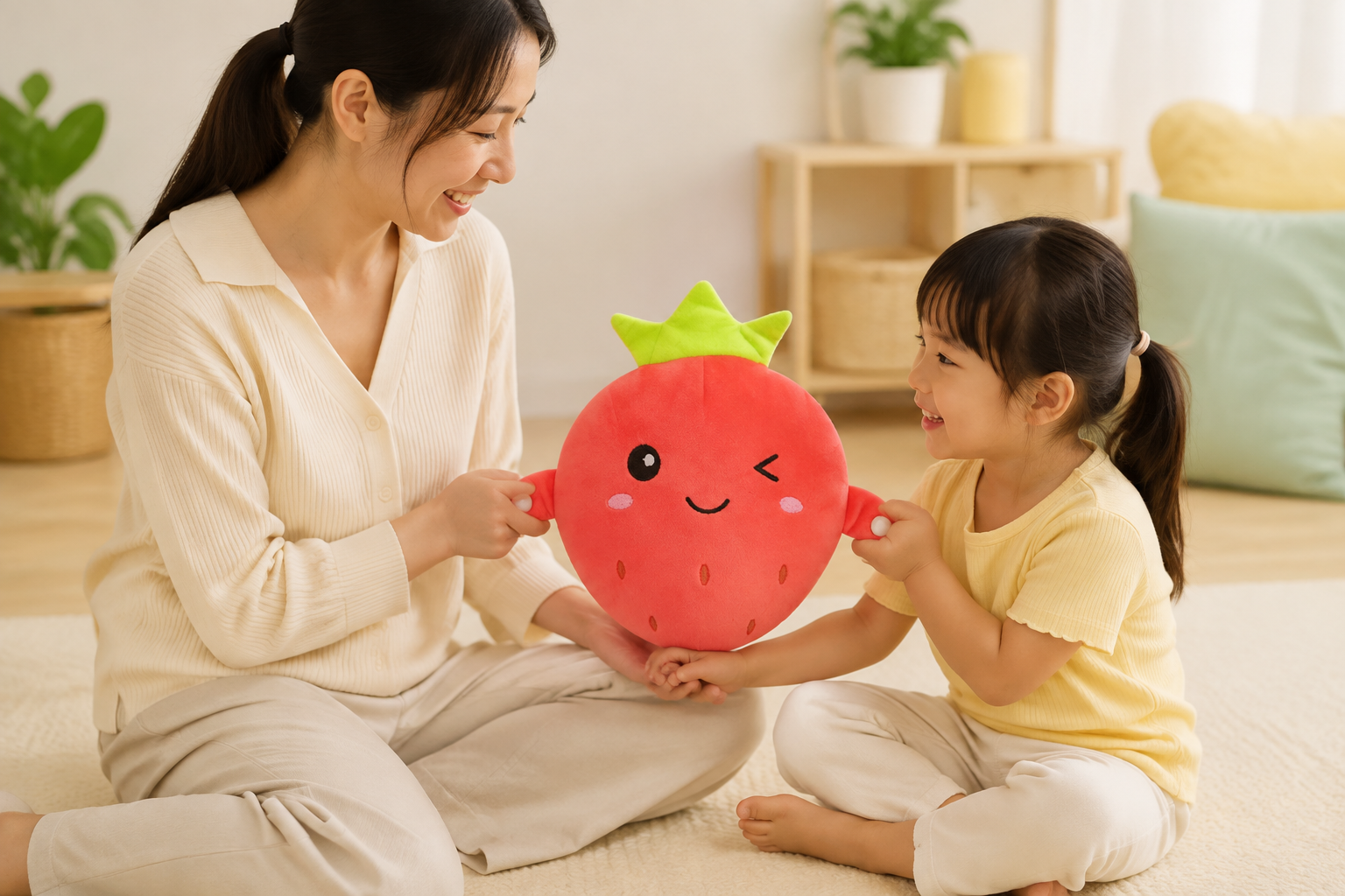 Parent and child sharing musical play with the strawberry Plush Pal