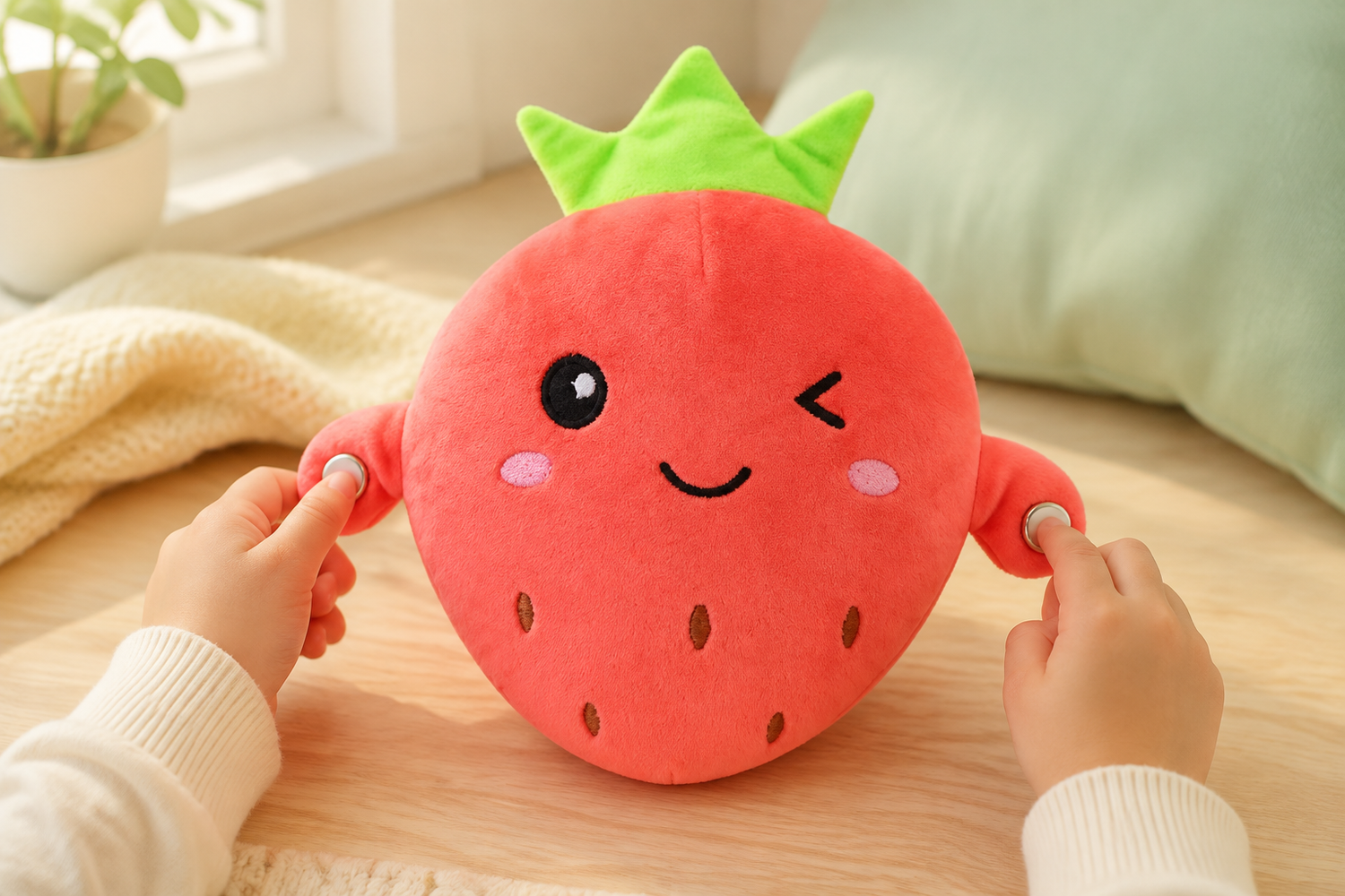 Small hands touching both metallic sensors on the strawberry Plush Pal