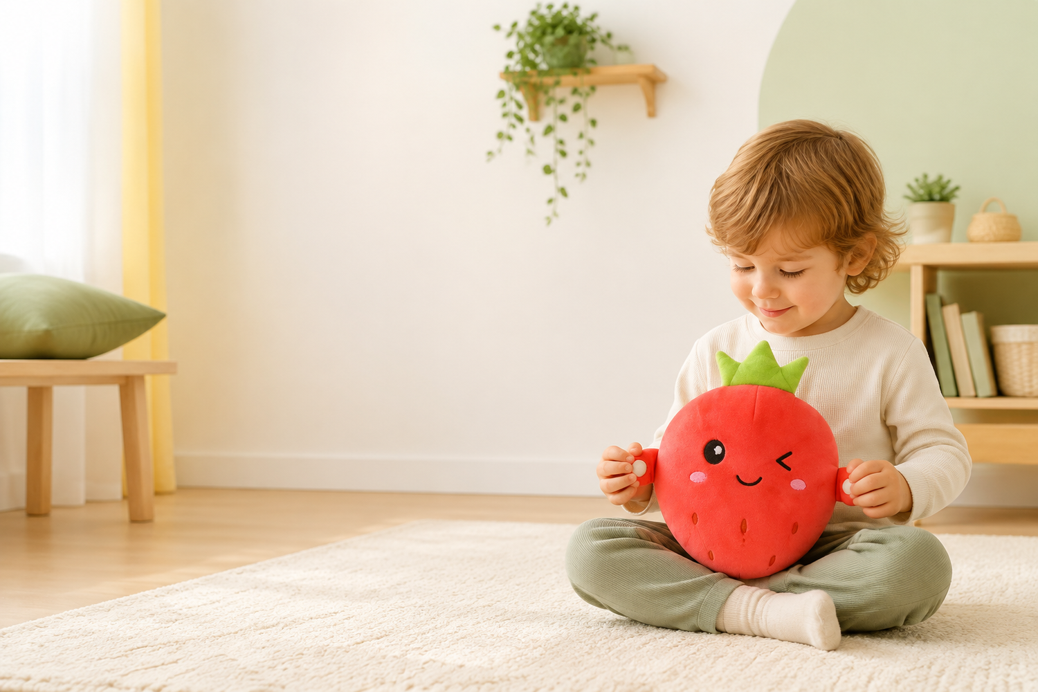 Child calmly playing with the strawberry Plush Pal with clear space for page copy