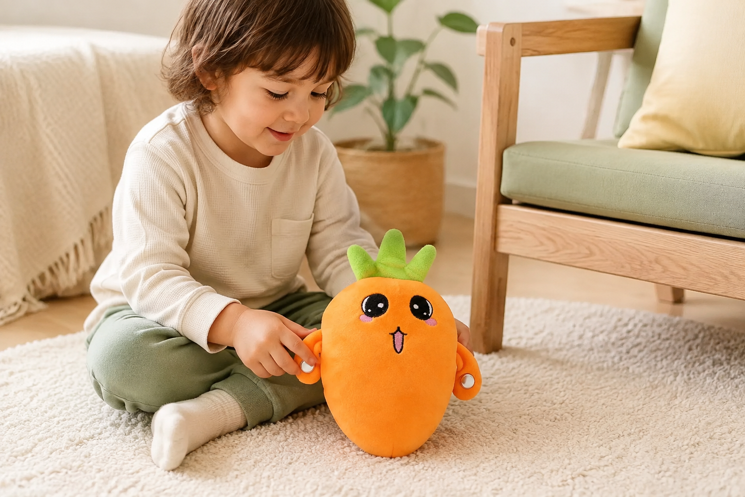Child exploring the carrot Musical Touch Plush Pal at home