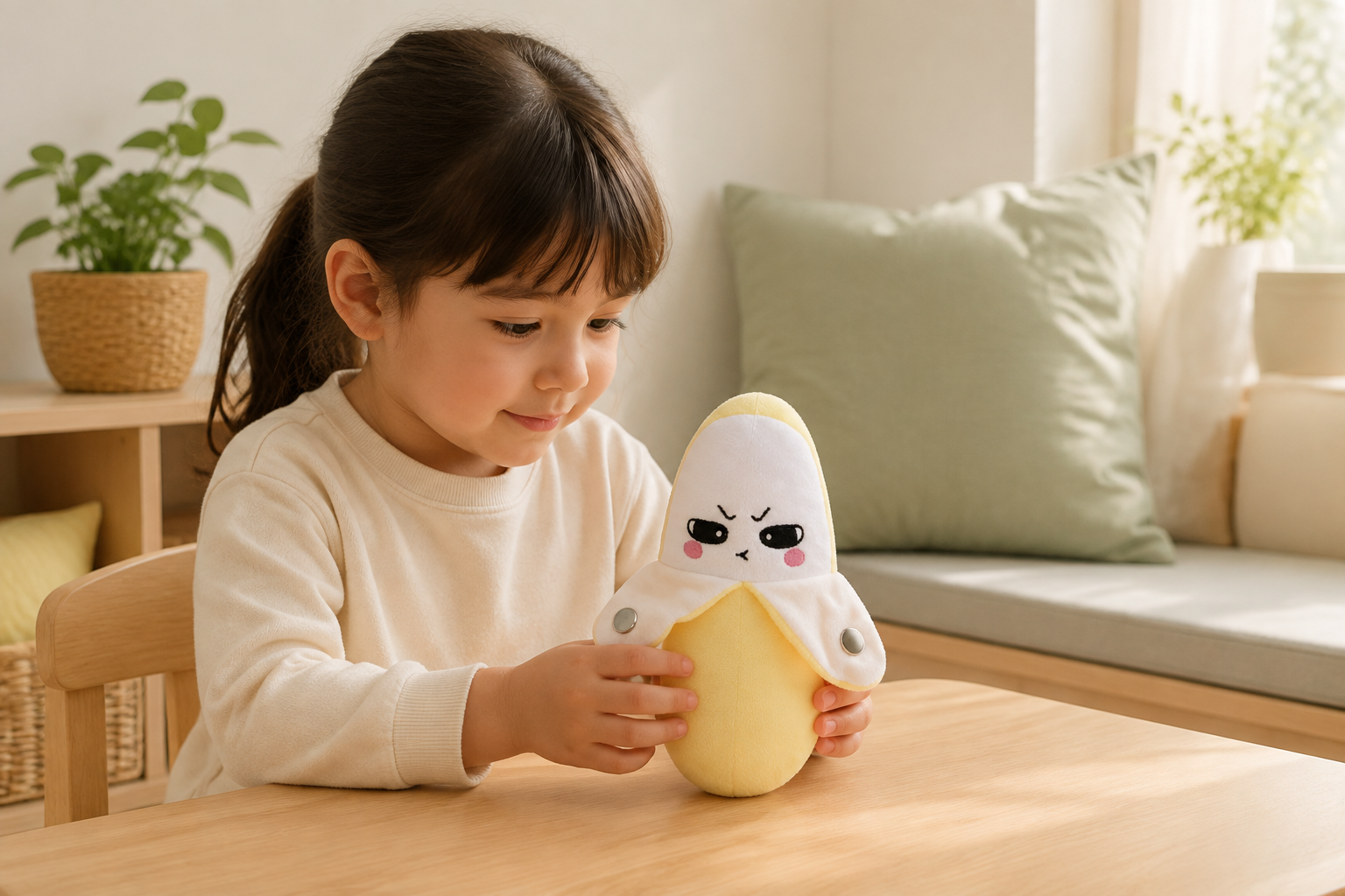 Child enjoying a quiet-time moment with the banana Plush Pal