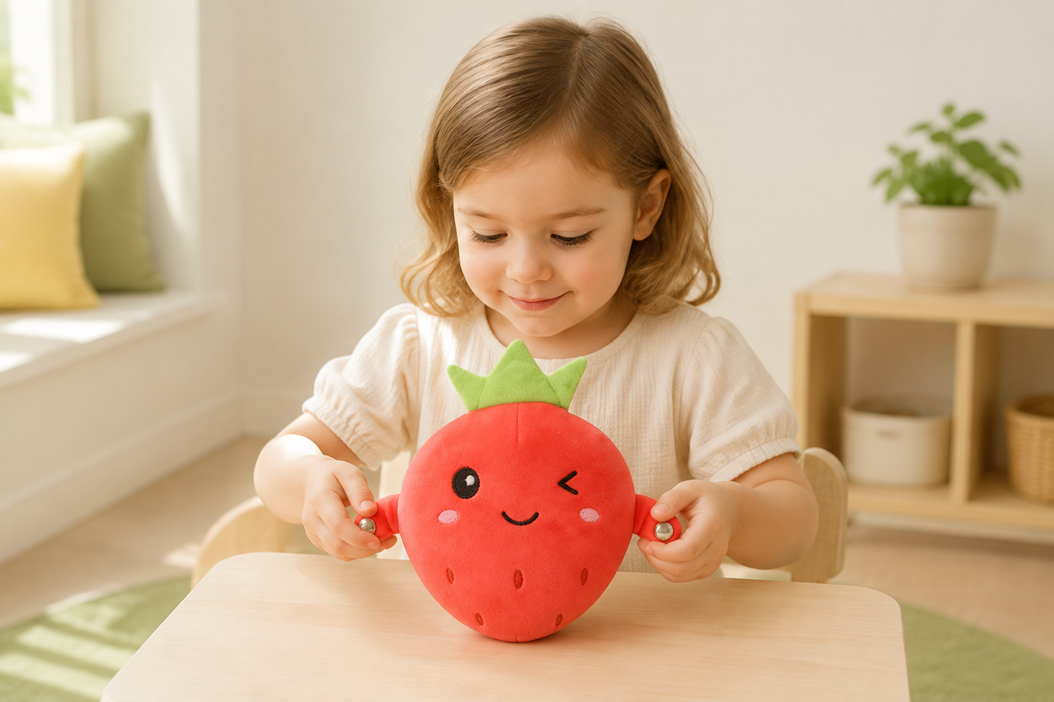 Child independently exploring the strawberry Plush Pal