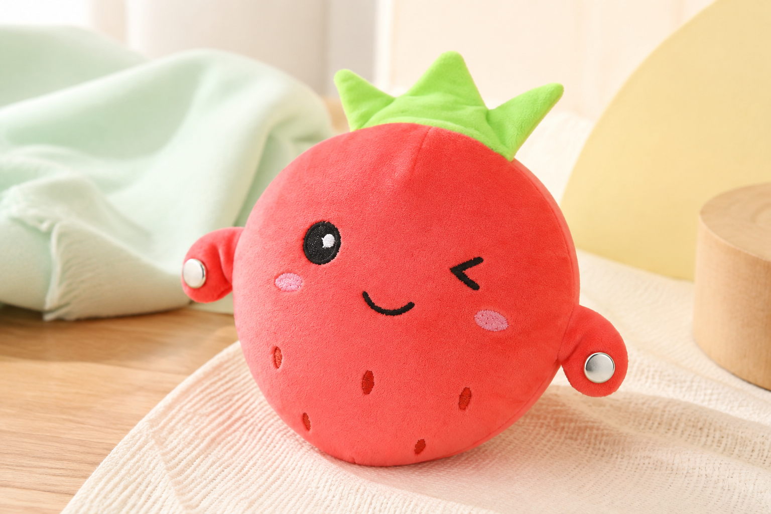 Detailed editorial view of the strawberry Plush Pal fabric and sensors